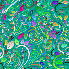 Vector floral 3D seamless background. Riot of colors. Multicolored spirals and leaves on a green background.