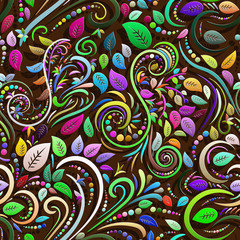 Vector floral 3D seamless background. Spray paint. Colorful mosaic spirals and leaves on a chocolate background. For decorating sweets.