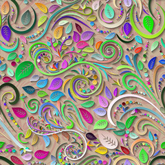 Fototapeta na wymiar Vector floral 3D seamless background. Explosion of colors. Colorful mosaic spirals and leaves on beige background. For decorating sweets.