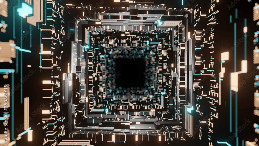 Poster 3d rendering of sci fi corridor scene. abstract geometry wall with glowing circuit binary data along