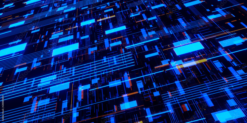 Poster 3d rendering of abstract technology background created from geometric rectangle shapes and dot lines