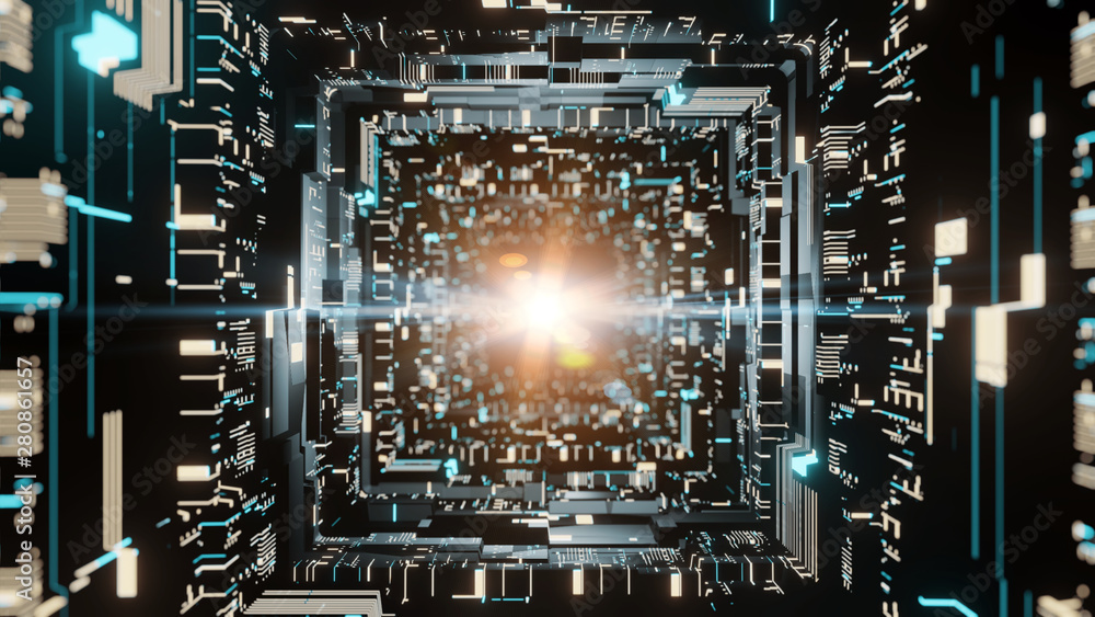 Poster 3d rendering of sci fi corridor scene. abstract geometry wall with glowing circuit binary data along