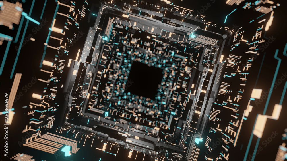 Poster 3d rendering of sci fi corridor scene. abstract geometry wall with glowing circuit binary data along