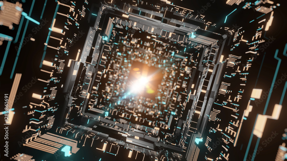 Poster 3d rendering of sci fi corridor scene. abstract geometry wall with glowing circuit binary data along