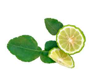 Naklejka na ściany i meble Fresh bergamot fruit with Kaffir lime leaves isolated on white background