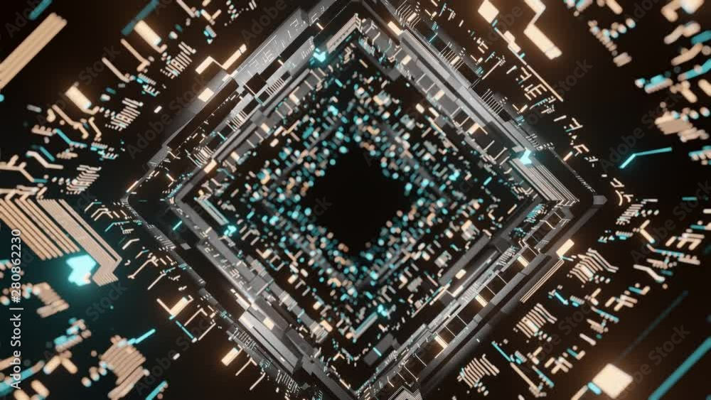 Poster seamless loop sci fi corridor scene. abstract geometry wall with glowing circuit binary data along h