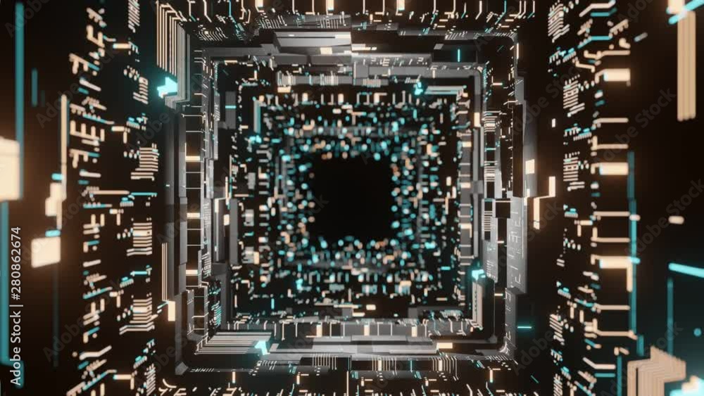 Poster seamless loop sci fi corridor scene. abstract geometry wall with glowing circuit binary data along h