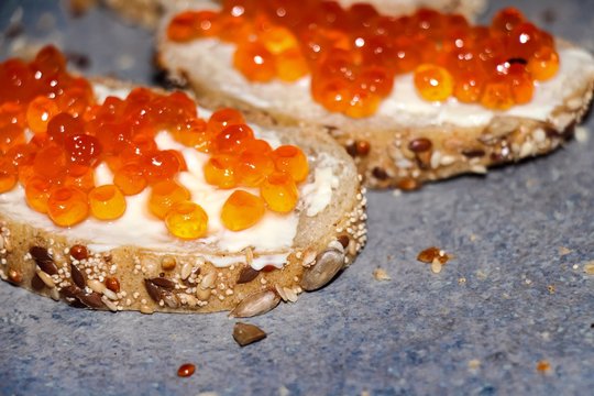 brusketta with red caviar 