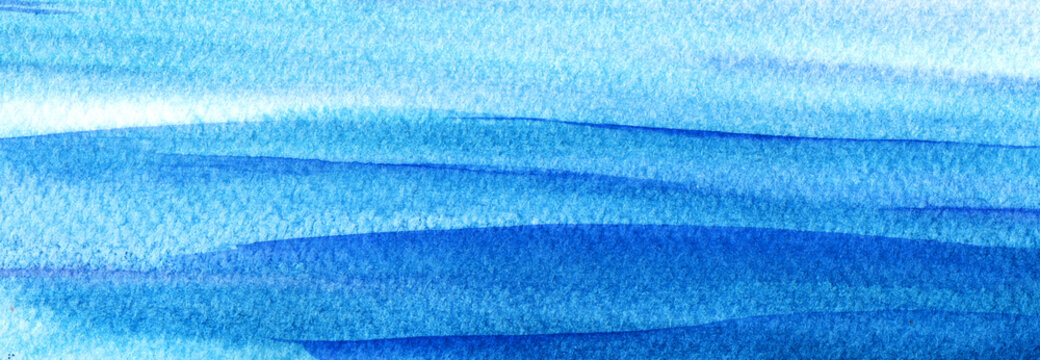Abstract watercolor background on texture paper. Turquoise water surface. Smooth lines of blue shades. saturated colors. Hand-drawn watercolor illustration.