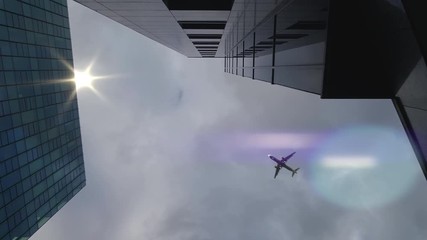Airplane flying over skyscrapers and reflects in glass modern facades, Germany