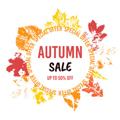 Special offer. Autumn round sale banner. Up to 50% off. Yellow autumn leaves.  Seasonal decorative elements