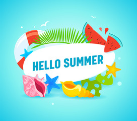 Hello Summer Banner with Typography and Summertime Items as Palm Leaves, Starfish, Lifebuoy, Watermelon Pieces and Colorful Shells