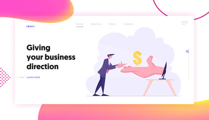 Earning in Internet Website Landing Page, Huge Hand from Pc Monitor Stretch Money to Business Man. Online Income, Gambling, Making Money Online Web Page. Cartoon Flat Vector Illustration, Banner