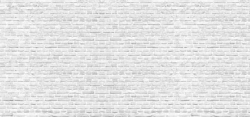 White brick wall texture panoramic . Home and office design backdrop. Painted bricks wall