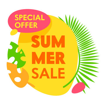 Summer Sale Special Offer Banner, Special Offer Tag, Icon with Palm Leaves and Typography, Promo Advertising Poster, Ad, Tag, Label, Summertime Holiday Off, Discount