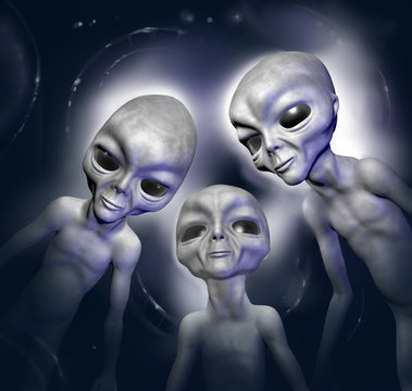 Three grey realistic aliens in space. 3D characters. Digital illustration. Digital art. 