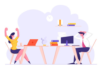 Office Employees at Workplace, Happy Woman Rejoice Finishing Job, Overloaded Male Employee Character Holding Head Stressed of Deadline and Paper Bureaucracy to do, Cartoon Flat Vector Illustration