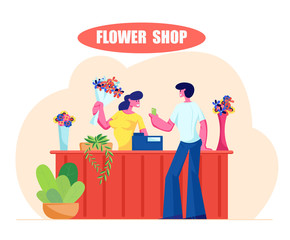 Young Man Buying Bouquet in Flower Shop. Saleswoman Giving Blossoms to Customer Visiting Floristic Store for Choosing and Buying Present, Florist Profession, Job. Cartoon Flat Vector Illustration