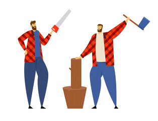 Couple of Lumberjack Male Characters in Plaid Shirt Standing in Different Poses Holding Axe and Saw in Hands. Worker Lumber with Wooden Log on Stump Posing, Woodcutter Cartoon Flat Vector Illustration