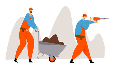 Coal or Minerals Mining, Workers in Uniform and Helmets with Jackhammer and Wheelbarrow with Soil. Miners at Work. Extraction Industry Profession Working Occupation. Cartoon Flat Vector Illustration