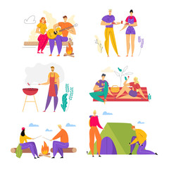 Set of Happy Loving Couples Spend Time Together Outdoors, Men and Woman Having Fun in Camping, Barbeque, People Enjoying Summer Outdoor Activity on Nature in Camp. Cartoon Flat Vector Illustration