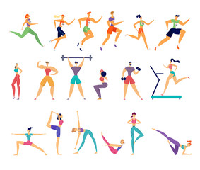 Fototapeta na wymiar Sport Activities Set. Male and Female Sportsmen Characters Workout. Yoga, Marathon Running, Fitness, Bodybuilding, Gymnastics Exercises, People Training in Gym, Health Cartoon Flat Vector Illustration