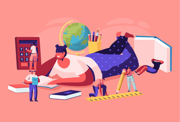 Education Concept with Tiny Characters with School Stationery around of Huge Girl College or University Student Lying on Floor Reading Book, Back to School, Knowledge, Cartoon Flat Vector Illustration
