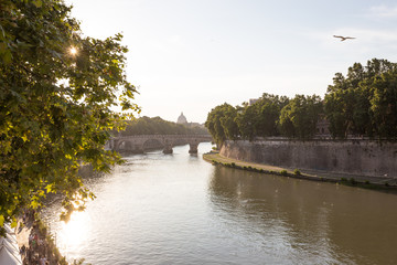 Fototapeta premium Tiber river at sunset and Basilica di San Pietro in Rome. Vintage style filtered photo