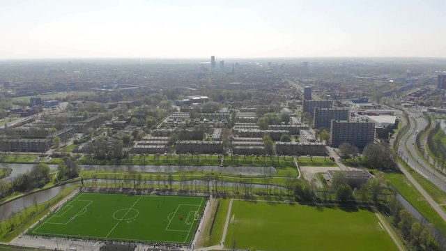 Flying over the town of leeuwarden. City view from drone