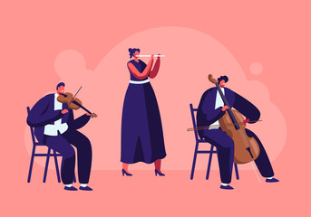 Musicians with Instruments Perform on Stage with Violin and Flute, Symphony Orchestra Classical Music Concert, Performance on Philharmonic Scene, Instrumental Ensemble Cartoon Flat Vector Illustration