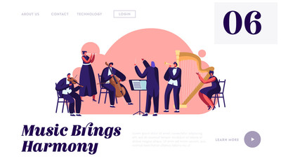 Symphony Orchestra Playing Classical Music Concert Website Landing Page, Conductor and Musicians with Instruments Performing on Stage, Performance Web Page. Cartoon Flat Vector Illustration, Banner