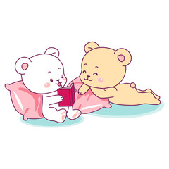 Two cute bears reading a book
