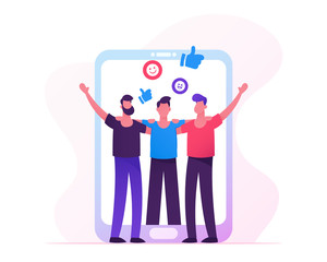People Meeting in Internet, Men Holding Hands at Huge Smartphone Screen, Male Characters Hugging, Friendship, Human Relations, Web Dating, Social Media App Concept. Cartoon Flat Vector Illustration
