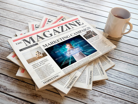 Newspapers with marketing articles on wooden background