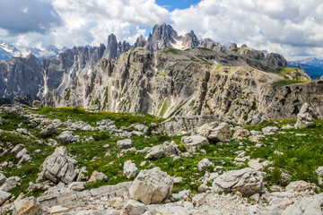clouds over mountain trail in Dolomites