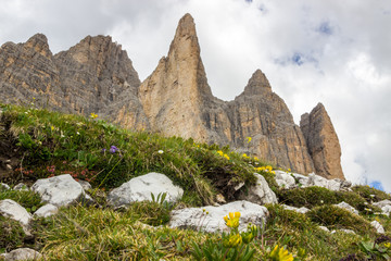 clouds over mountain trail in Dolomites