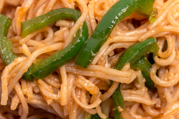 Delicious Noodles closeup, chinese food fried noodles.