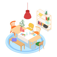 Isometric dinning room on white. Vector illustration in flat design, isolated.
