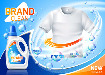 Realistic laundry detergent advertising mockup. Vector apparel cleaning product design. White tshirt in cleaning molecules bubbles vortex. Branded bleach, fabric softener.