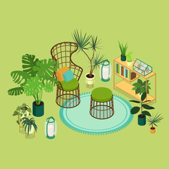 Isometric sun room in green. Vector illustration in flat design.