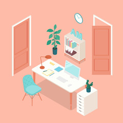 Isometric home office in rose pink. Vector illustration in flat design, isolated.