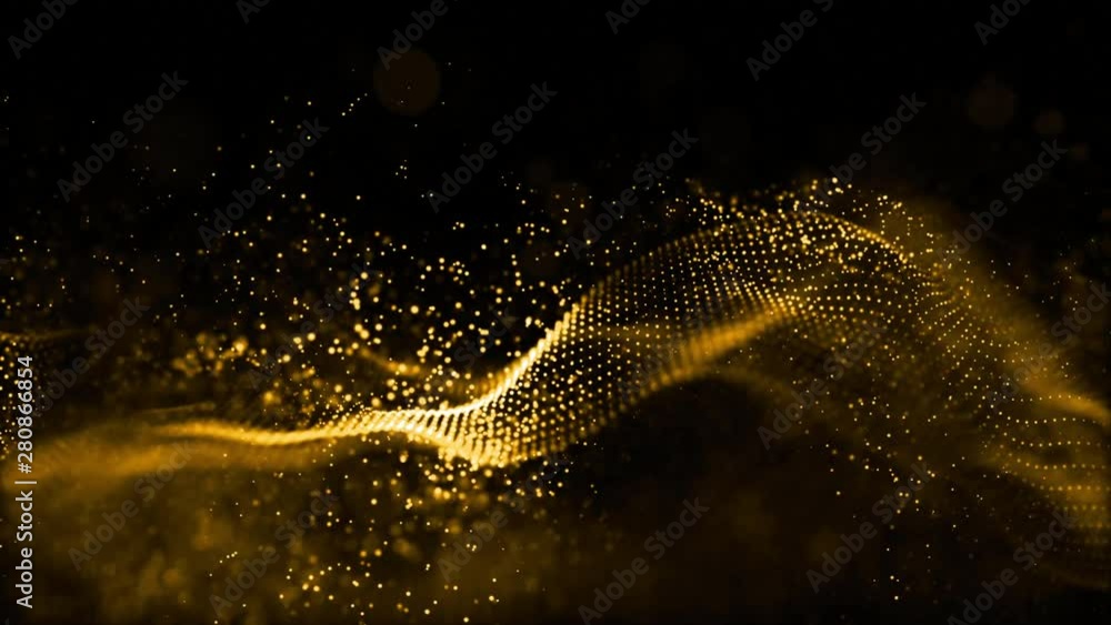 Poster gold color digital particles wave flow abstract motion technology background concept