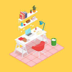 Colorful warm isometric work space in yellow. Vector illustration in flat design, isolated.