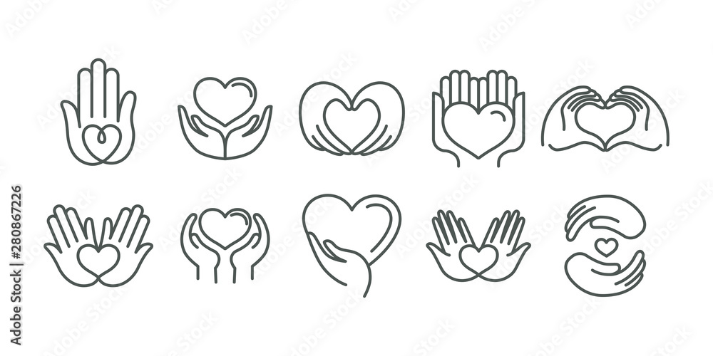 Poster Vector set of logo design templates in simple linear style - hearts and hands