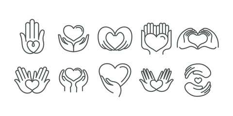 Vector set of logo design templates in simple linear style - hearts and hands