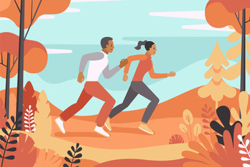 Vector illustration  in simple flat style and characters - man and woman running in the autumn park