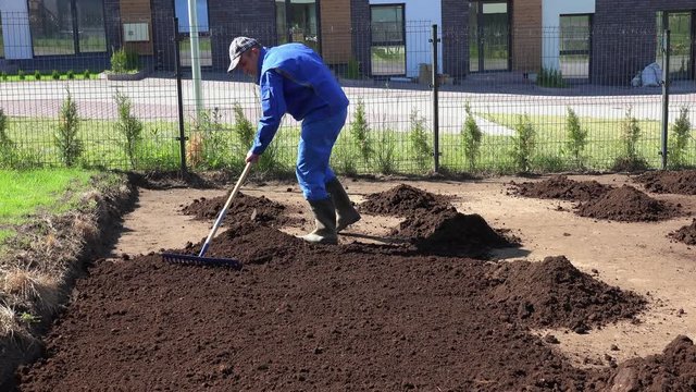 Male landscaper in work wear prepare ground soil for lawn seeding. Static shot
