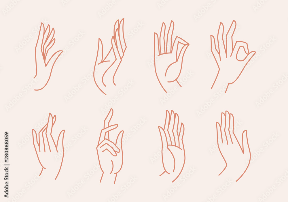 Poster Vector set of icons and emblems in linear style - hands and gestures