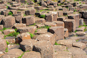 Giants Causeway most popular and famous attraction in Northern Ireland. Hexagon basalt columns after volcanic eruption 