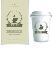 Paper cups with caps isolated on gray background.  Logo, card and menu design vector brochure template.